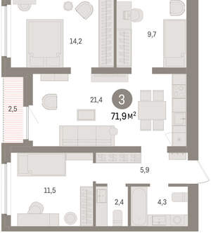 3-к квартира, вторичка, 72м2, 12/16 этаж