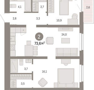 2-к квартира, вторичка, 74м2, 8/16 этаж