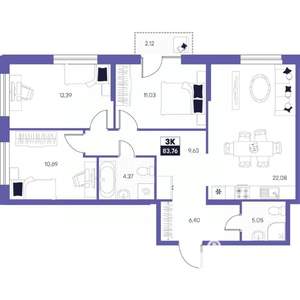 3-к квартира, строящийся дом, 84м2, 21/24 этаж