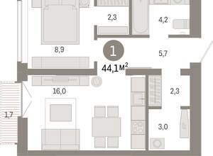 1-к квартира, вторичка, 44м2, 7/16 этаж