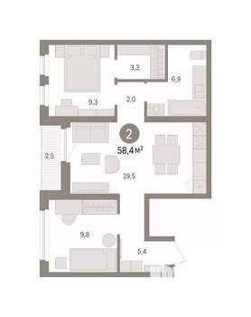 2-к квартира, вторичка, 58м2, 5/8 этаж