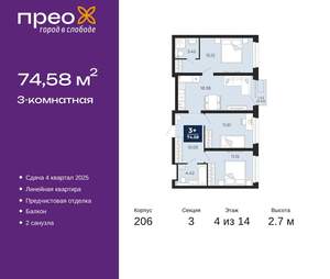 3-к квартира, вторичка, 75м2, 4/22 этаж