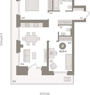2-к квартира, вторичка, 81м2, 5/9 этаж