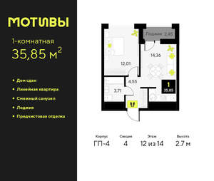 1-к квартира, сданный дом, 36м2, 12/14 этаж