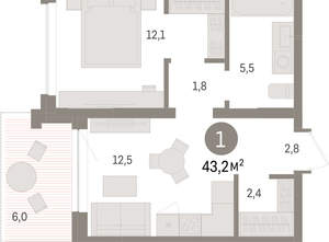 1-к квартира, вторичка, 43м2, 2/8 этаж