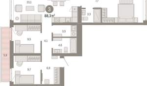 3-к квартира, вторичка, 88м2, 3/25 этаж