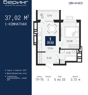 1-к квартира, вторичка, 37м2, 5/24 этаж