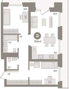 2-к квартира, вторичка, 76м2, 8/9 этаж
