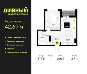 1-к квартира, вторичка, 43м2, 2/9 этаж