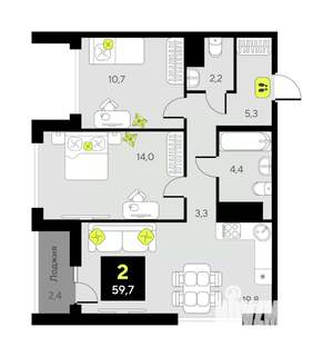 2-к квартира, вторичка, 60м2, 2/17 этаж