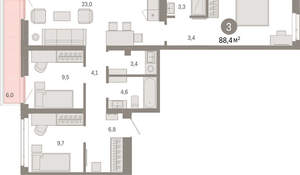 3-к квартира, вторичка, 88м2, 4/25 этаж