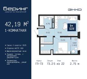 1-к квартира, вторичка, 42м2, 5/22 этаж