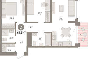 2-к квартира, вторичка, 68м2, 5/8 этаж