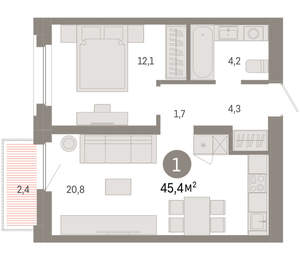 1-к квартира, вторичка, 45м2, 4/16 этаж