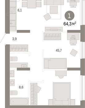 1-к квартира, вторичка, 64м2, 4/17 этаж