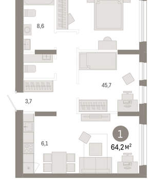 1-к квартира, вторичка, 64м2, 2/17 этаж
