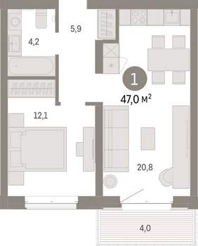 1-к квартира, вторичка, 47м2, 4/11 этаж