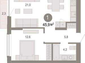 1-к квартира, вторичка, 46м2, 5/17 этаж