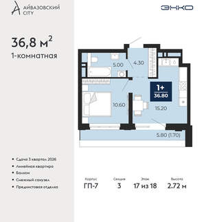 1-к квартира, вторичка, 37м2, 17/24 этаж