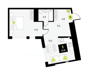 1-к квартира, вторичка, 52м2, 14/17 этаж