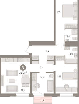 3-к квартира, вторичка, 88м2, 5/10 этаж