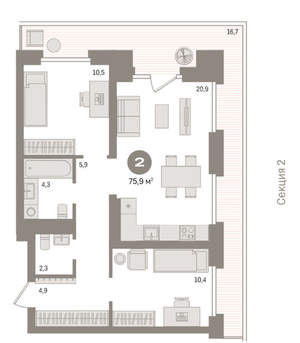 2-к квартира, вторичка, 76м2, 5/9 этаж