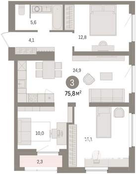 3-к квартира, вторичка, 76м2, 13/16 этаж
