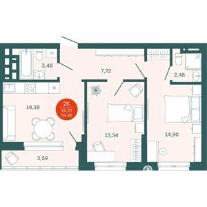 2-к квартира, вторичка, 56м2, 10/19 этаж