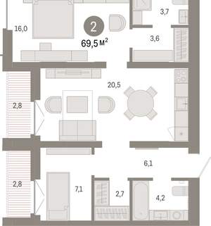 2-к квартира, вторичка, 69м2, 5/16 этаж