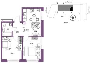 3-к квартира, строящийся дом, 49м2, 3/16 этаж