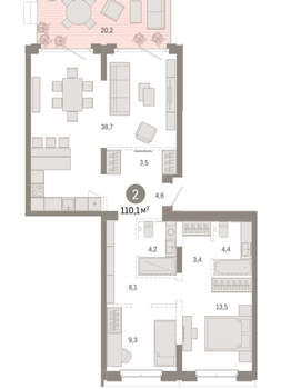 2-к квартира, вторичка, 110м2, 2/11 этаж