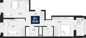 2-к квартира, вторичка, 59м2, 11/18 этаж