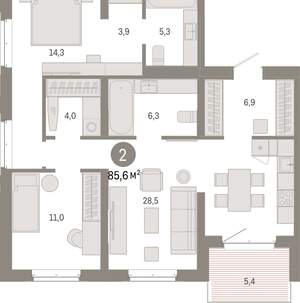 2-к квартира, вторичка, 86м2, 6/11 этаж