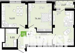 2-к квартира, строящийся дом, 62м2, 19/21 этаж