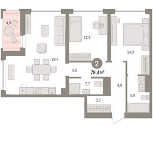 2-к квартира, вторичка, 78м2, 5/8 этаж