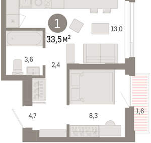 1-к квартира, вторичка, 34м2, 16/25 этаж