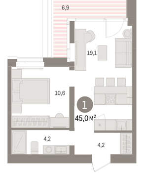 1-к квартира, вторичка, 45м2, 7/16 этаж