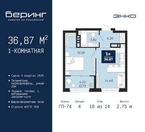 1-к квартира, вторичка, 37м2, 10/14 этаж