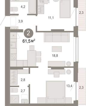 2-к квартира, вторичка, 62м2, 6/17 этаж