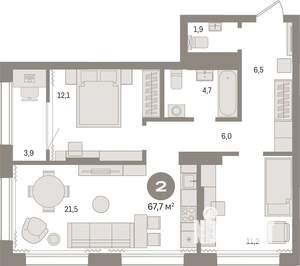 2-к квартира, вторичка, 68м2, 13/17 этаж