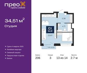 Студия квартира, вторичка, 35м2, 13/22 этаж