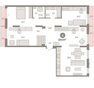 4-к квартира, вторичка, 124м2, 2/8 этаж