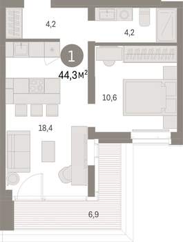1-к квартира, вторичка, 44м2, 3/16 этаж