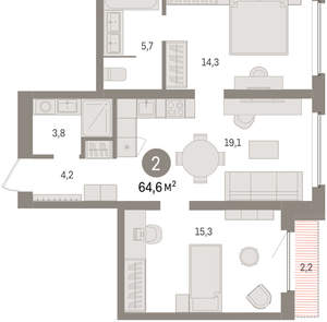 2-к квартира, вторичка, 65м2, 9/16 этаж