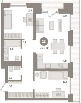 2-к квартира, вторичка, 76м2, 7/9 этаж