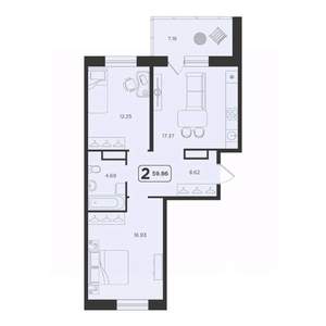 2-к квартира, строящийся дом, 60м2, 19/23 этаж