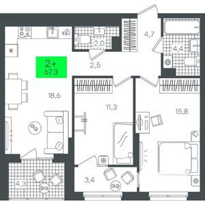 2-к квартира, строящийся дом, 67м2, 9/21 этаж