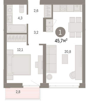 1-к квартира, вторичка, 46м2, 7/25 этаж