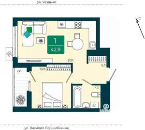 1-к квартира, вторичка, 43м2, 5/9 этаж