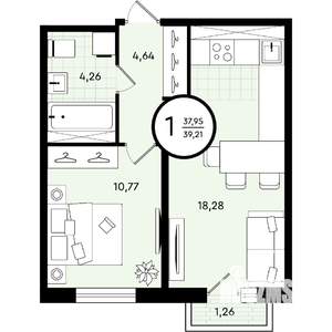 1-к квартира, вторичка, 39м2, 4/4 этаж
